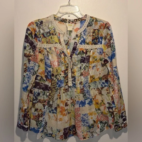 Anthropologie Maeve Floral Abella Pintuck Blouse Vibrant Patchwork Lace Size 4 - Picture 2 of 9